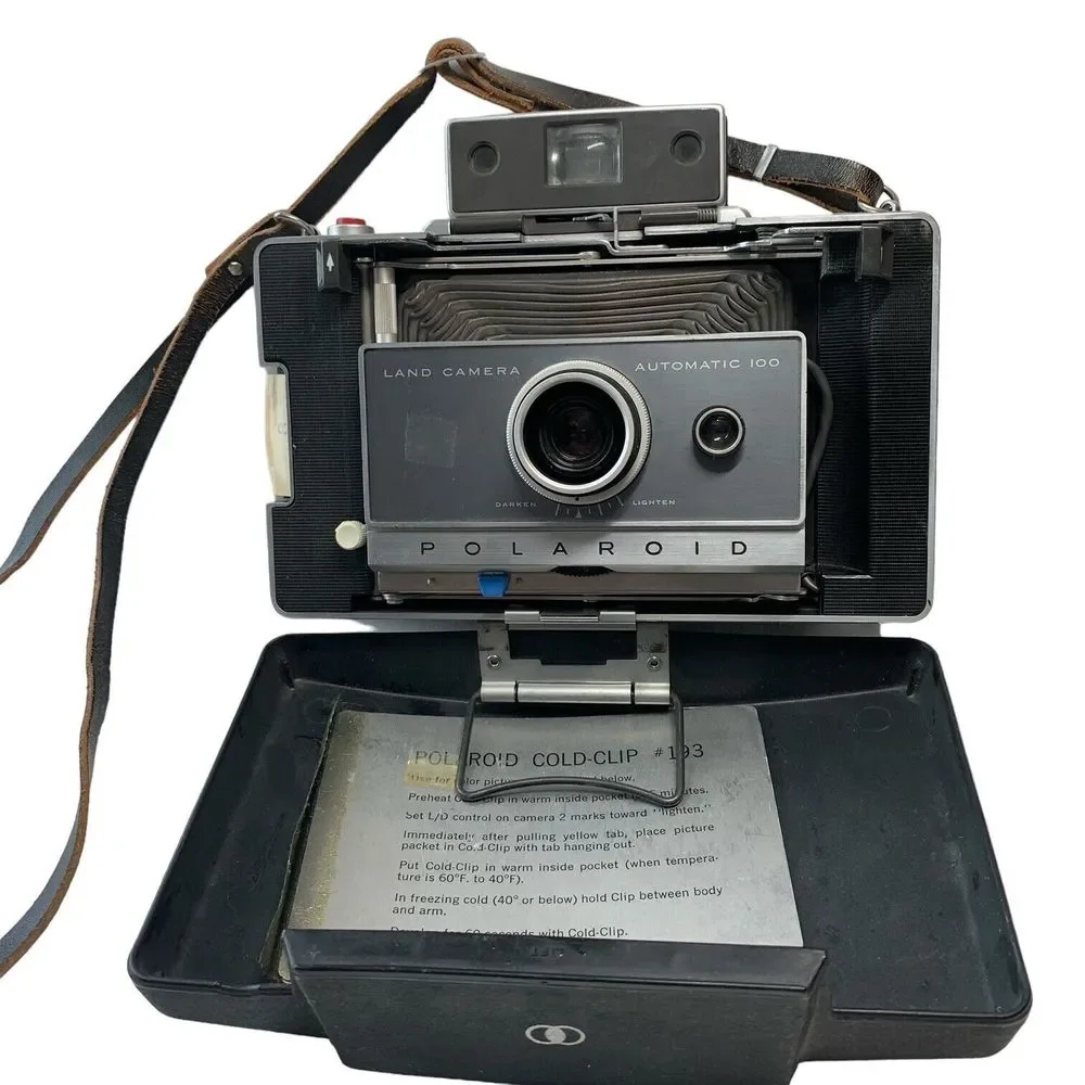 1970s Polaroid Automatic 100 Land Camera w/Bag Film Booklet and Extras Working